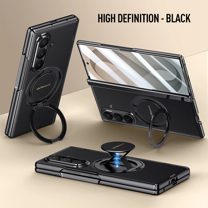 Case For Samsung Galaxy Z Fold 8 Ultra Luxury Magnetic PU Leather Rotation Bracket Hand Strap HD Privacy Glass Folding Cover