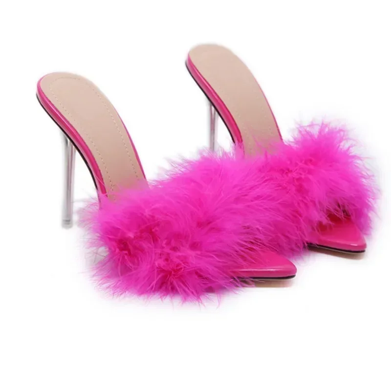 Sexy Peep Toe Feather Decoration Super Thin High Heels Womens Slippers Pointed Fashion Party Club Shoes Sandalias