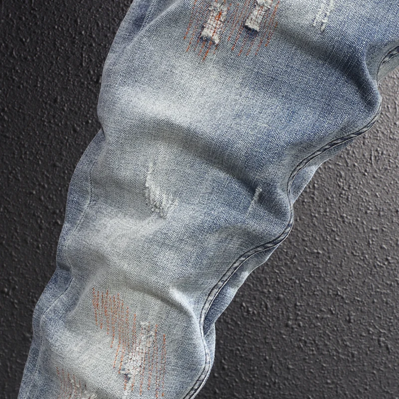 Fashion Designer Men Jeans Retro Blue Stretch Slim Fit Embroidery Hole Ripped Jeans Men Trousers Printed Vintage Pants Hombre