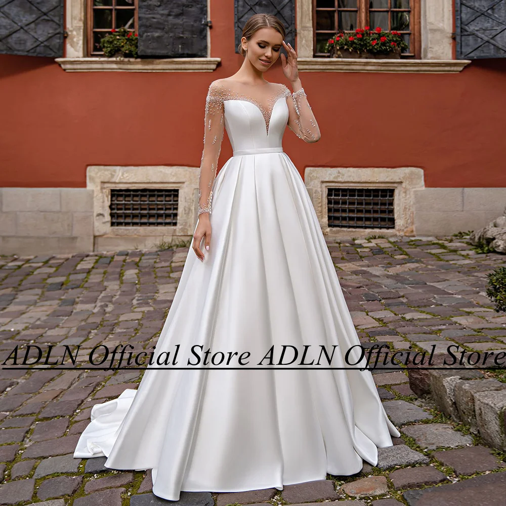 

ADLN Sexy Beading Satin Wedding Dress Sheer Scoop Neck Long Sleeves A Line Bridal Gown with Pockets Illusion vestido de noiva