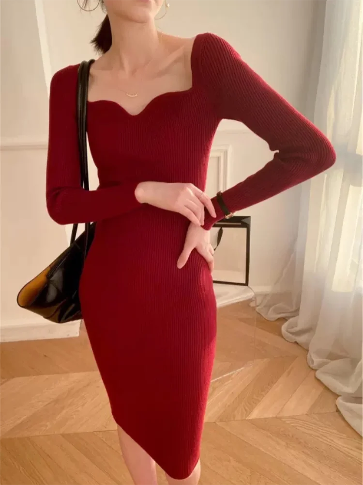 Vintage Harajuku Slim Sweater Dress Women Autumn Winter Long Sleeve Bodycon Knitted Midi Dresses Party Evening Club Female