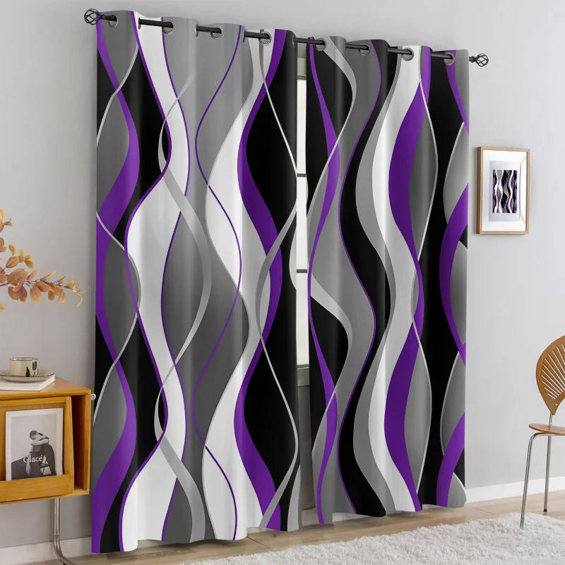 Printed Curtains 2 Panels Light Blocking Rate 85% Geometric Ribbon Wave Print Black Gray White Purple for bedroom window