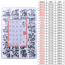 480Pcs 24Types Silicon In-line NPN PNP Transistor Assortment Kit set 2N2222 S8050 S9014 2N3906 BC547 BC548 BC549 BC550 BC558