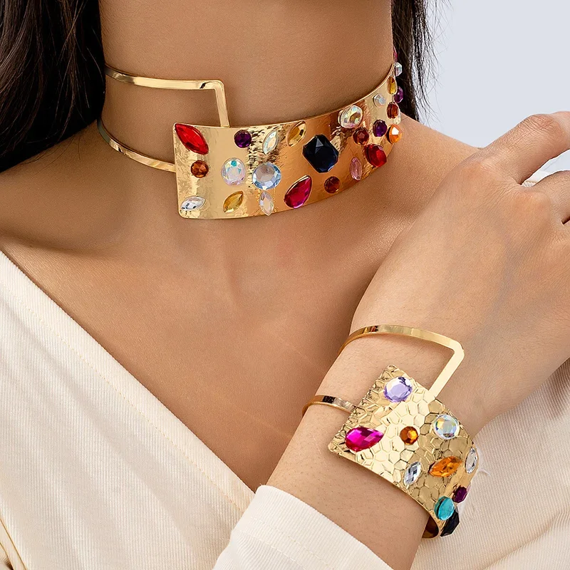 

Trendy Large Opening Width Torques Bangles for Women Gold Color Crystal DIY Handmade Geometric Necklace Bracelet Jewelry Set