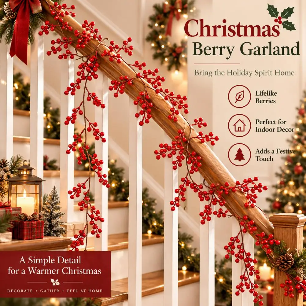 175CM - 200CM Artificial Red Berry Vine - for Holiday Fireplace, Staircase, Dining Table Decor, Christmas Celebrations