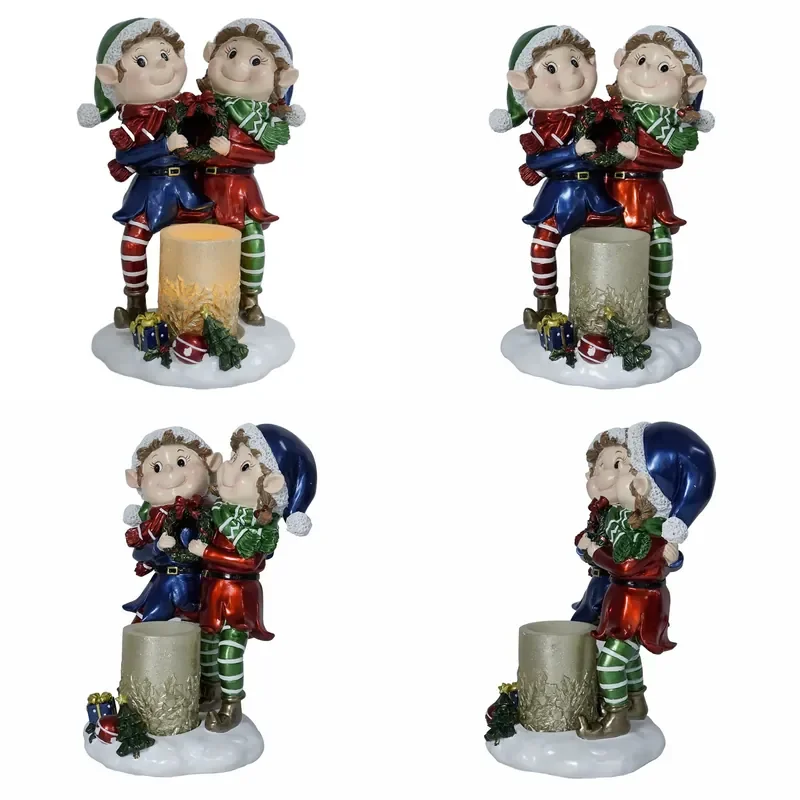 Christmas Ornaments Standing Elves with LED Candle Lights Resin Crafts Ornament