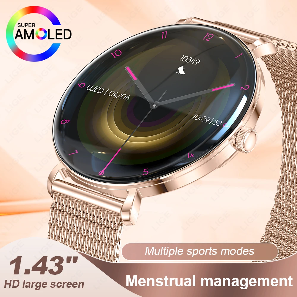 LIGE 1.43inch AMOLED Ultra HD Screen Fashion Ladies Smart Watch Bluetooth Call Smartwatch Metal Ultra thin Bracelet Watch Woman