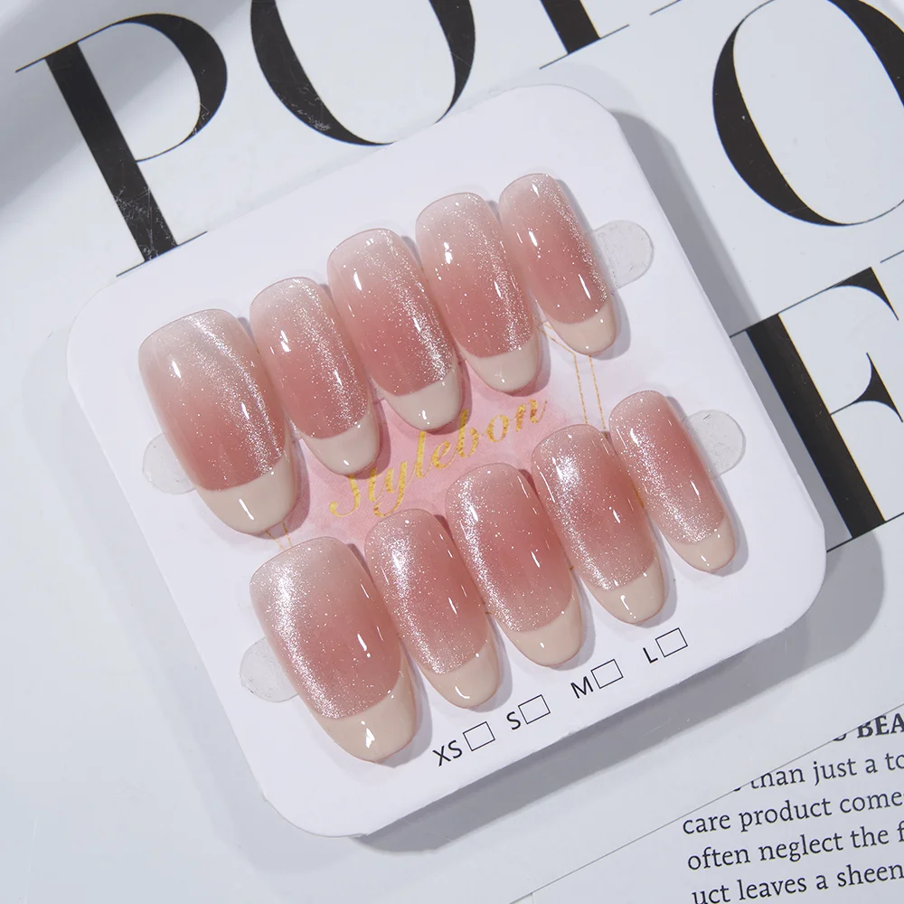 10개 수제 프레스온 네일 미디엄 오벌 핑크 엣지 프렌치 캣아이 플래시 풀커버 네일 피스 여성&소녀용 탈부착 네일