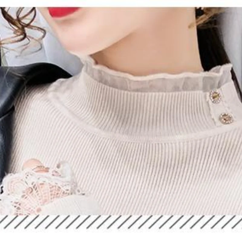 Autumn Winter New Women\'s Half High Collar Pullovers Sweaters Fashion Elegant Slim Button Gauze Lace Long Sleeve Commute Tops