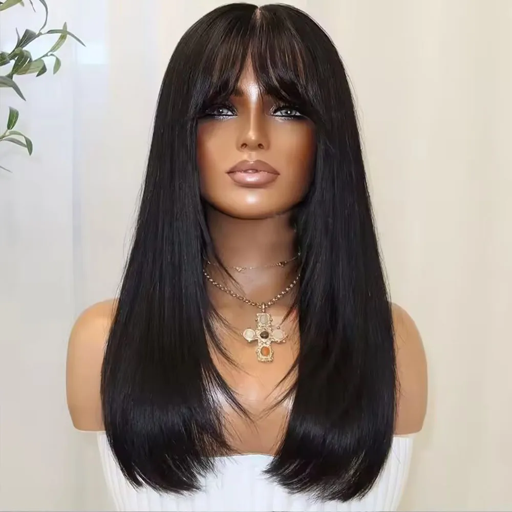 Knochenglatte Echthaarperücke 360 Frontal mit Pony, Klebefreie Perücken, Vollspitzenperücken für Frauen, Tiefschwarz, 5x5 Closure, Großhandel – Detail 1