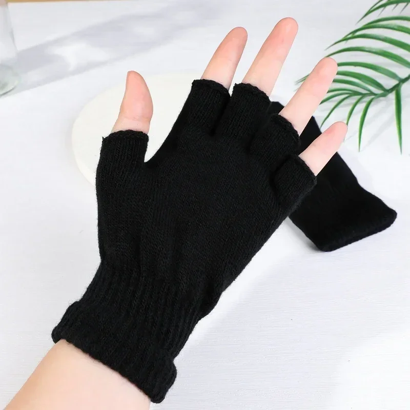 1Pair Black Unisex Half Finger Fingerless Gloves for Women Men Wool Knit Wrist Cotton Gothic Gloves Winter Warm Workout Gloves