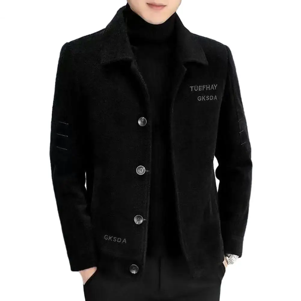 

Men Plush Coat with Embroidery Letter Lapel for Autumn Featuring Long Sleeves Pockets Lapel Jacket
