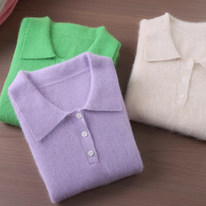 

Women 100% Mink Cashmere Sweater Polo Collar Pullover Autumn Winter Basic Casual Top Solid Colour Cashmere Lady Office Clothing