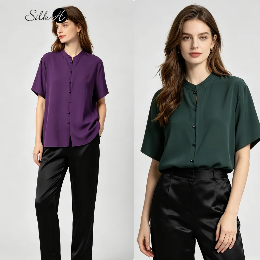 

Plus Size Women's Casual Summer New 100% Natural Mulberry Silk Crepe De Chine Stand Collar Short Sleeved Purple Versatile Shirt