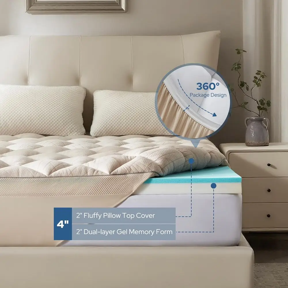 مرتبة علوية كاملة الحجم 4 بوصة بطبقة مزدوجة لتخفيف الظهر - رغوة الذاكرة الجل وسادة تبريد علوية (بيج) #5