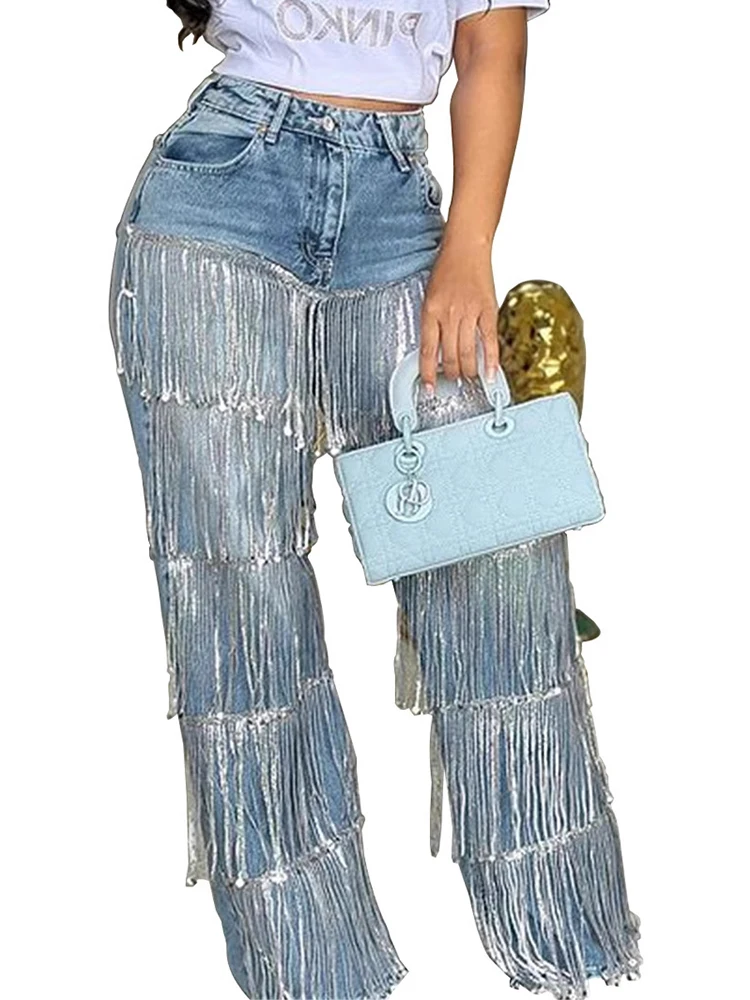Women Sequins Tassel Wide Leg Blue Denim Pants 2025 Summer Streetwear Party Vintage High Waist Jeans Trousers
