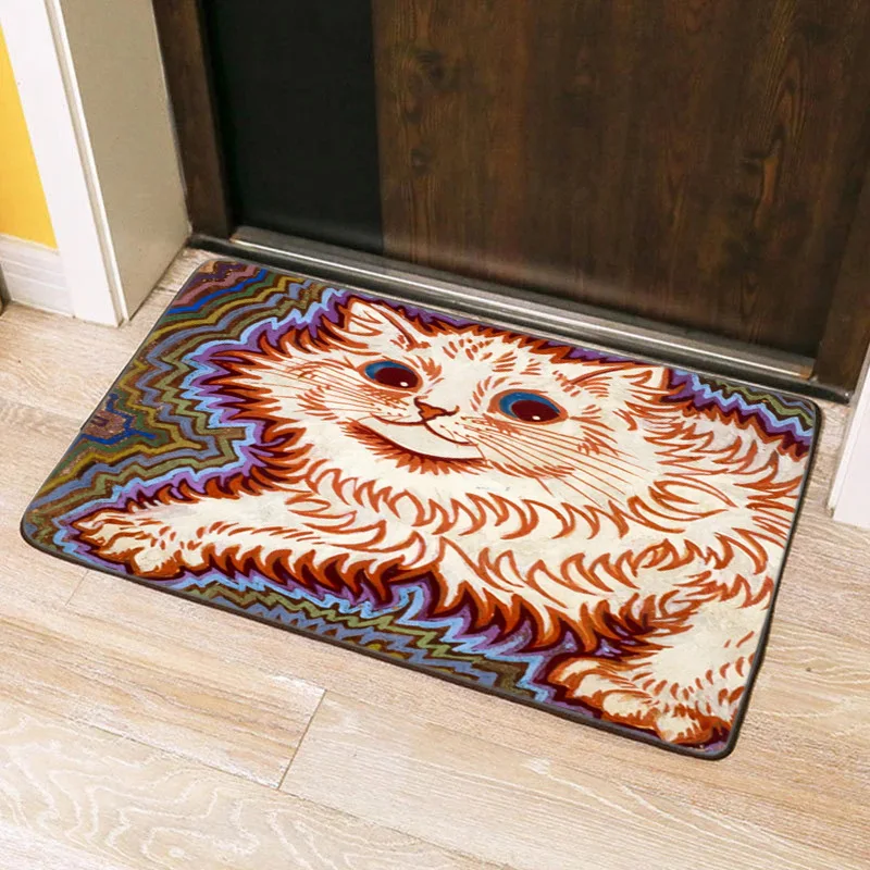 Animal Cat Illustration Floor Mat Aesthetic Art Design Bedroom Floor Rug Dry Feet Carpet In Front of Bed  Rectangular Pet Mat