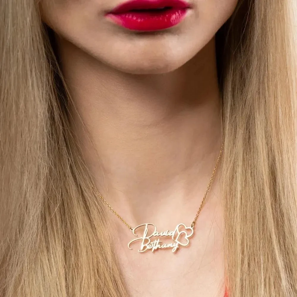 

Ожерелье с именами пары в форме сердца на заказ, персонализированные ожерелья с именем семьи для женщин и мужчин, колье с двойным именем, ювелирные изделия из нержавеющей стали