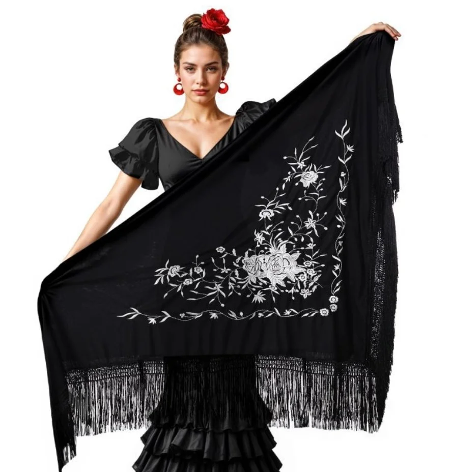 شال ذهبي أحمر أبيض مطرز باللون الأسود لحفلات الكرنفال