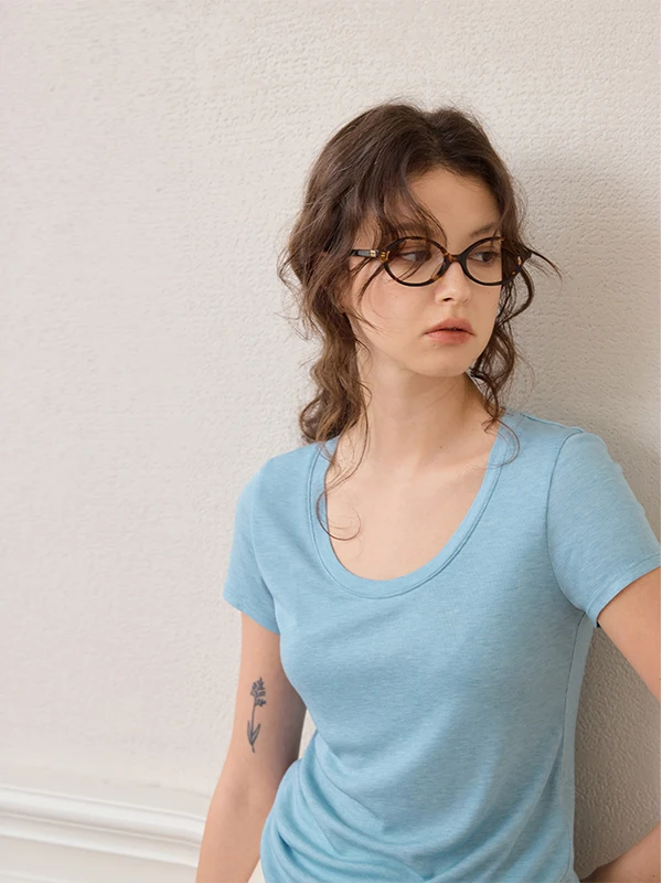 

Футболка Fre Moi Silk Blend U-Ne, женская облегающая повседневная одежда ort Sve Pure Color, летний топ, приятный для кожи боди a