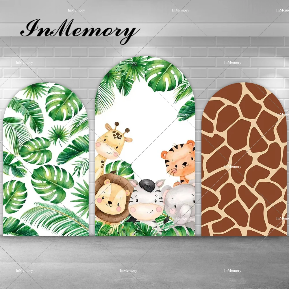 Boys Safari Jungle Birthday Party Arch Backdrop Cover Cartoon Animals Green Leaves Giraffe Print Photography Background