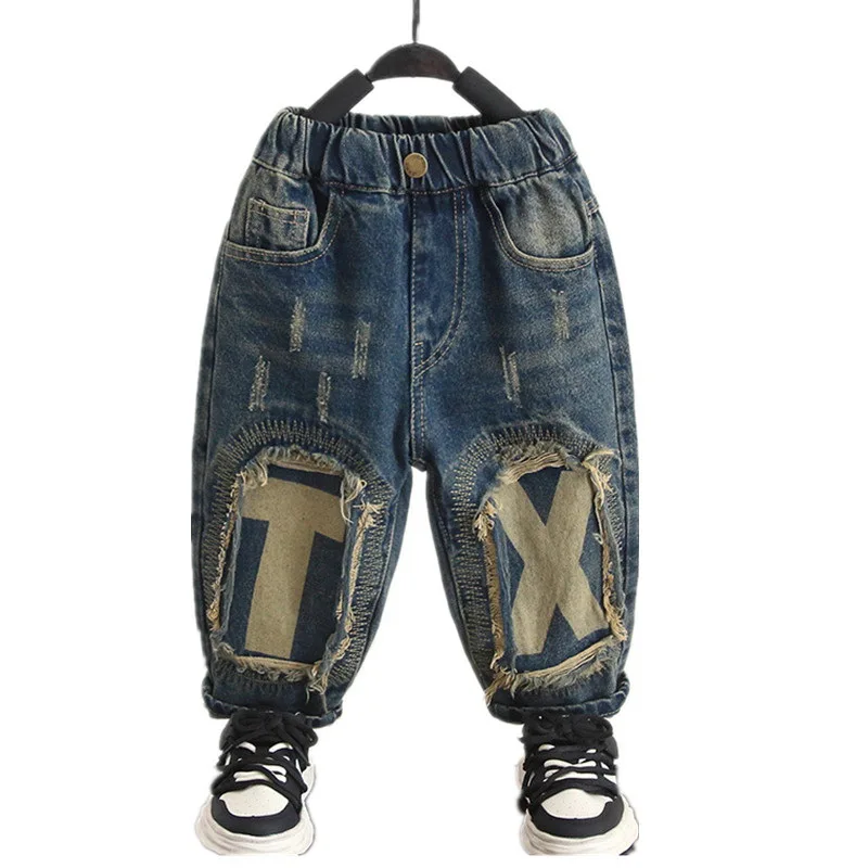 Spring&Autumn 2-10Years Fashion Kids Denim Pants Casual Solid Baby Boys Jeans Soft Girls Ripped Hole Jeans Children Trousers