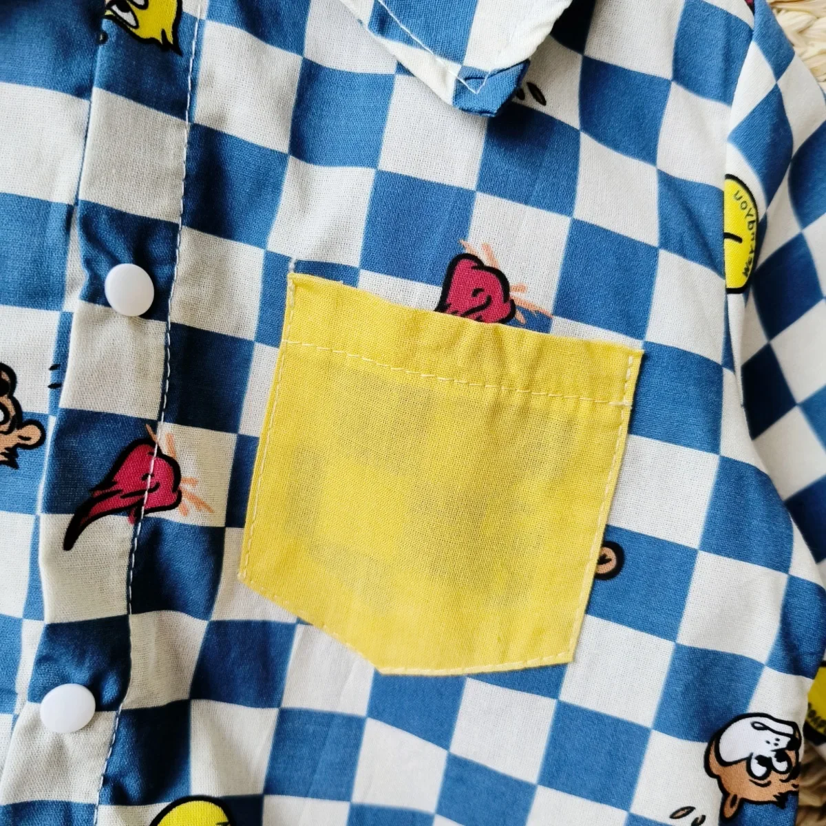 2024 Spring/Autumn New Infant Toddler Pure Cotton Grid Cartoon Printed Long Sleeve Single-Breasted Buttoned Shirt