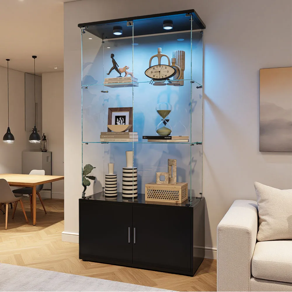 Vitrine en verre noir Superaly avec 3 niveaux et éclairage LED, base en bois, vitrine à vin transparente, pour salon, meubles de bar