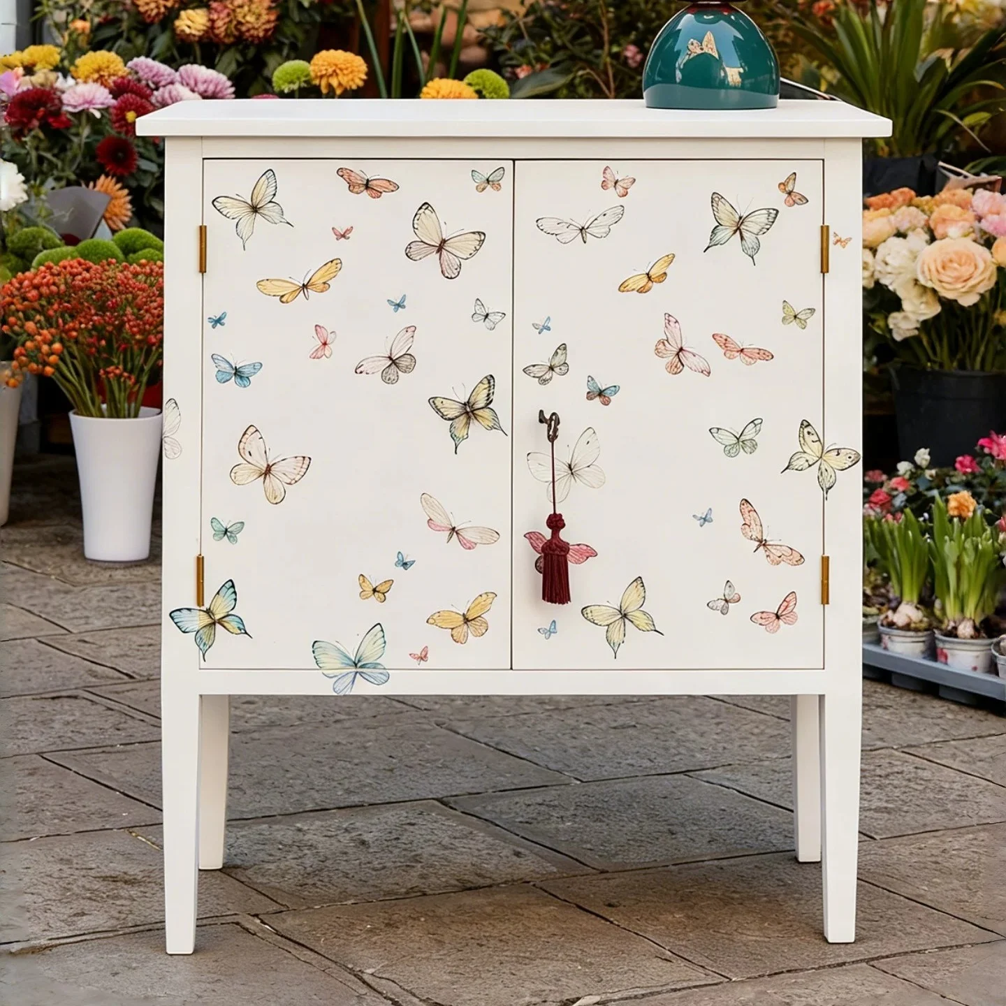 %zz   butterfly Painted Printed Porch Cabinet White Double-door Locker Living Room Decoration Can Be Customised*