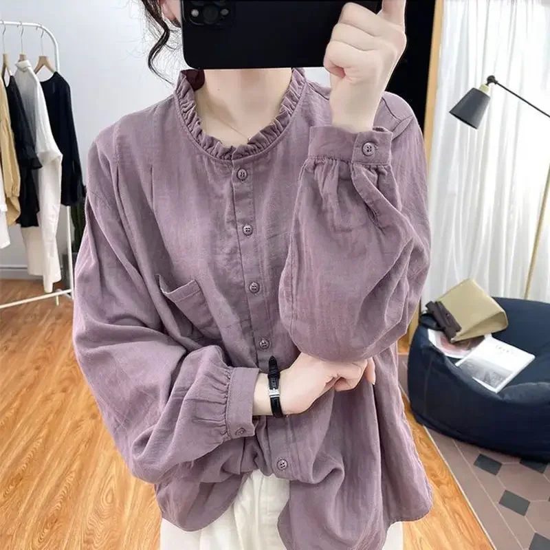 

Womens Clothing New Ruffle Solid Vintage Cotton Linen Button Up Shirt Casual Streetwear Y2K Blouse Loose Long Sleeve Tops LJ580