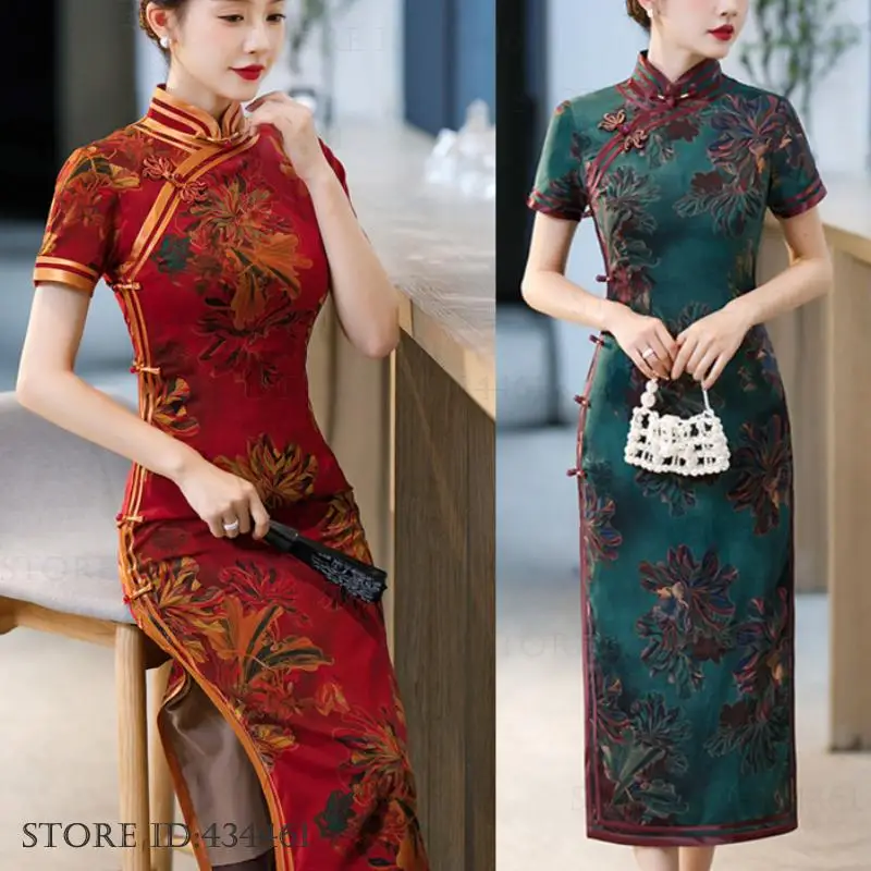 

Plus Size 3XL 4XL Female Long Qipao Traditional Chinese Dress Classic Vintage Print Flower Cheongsam Sexy Slim Split Vestidos