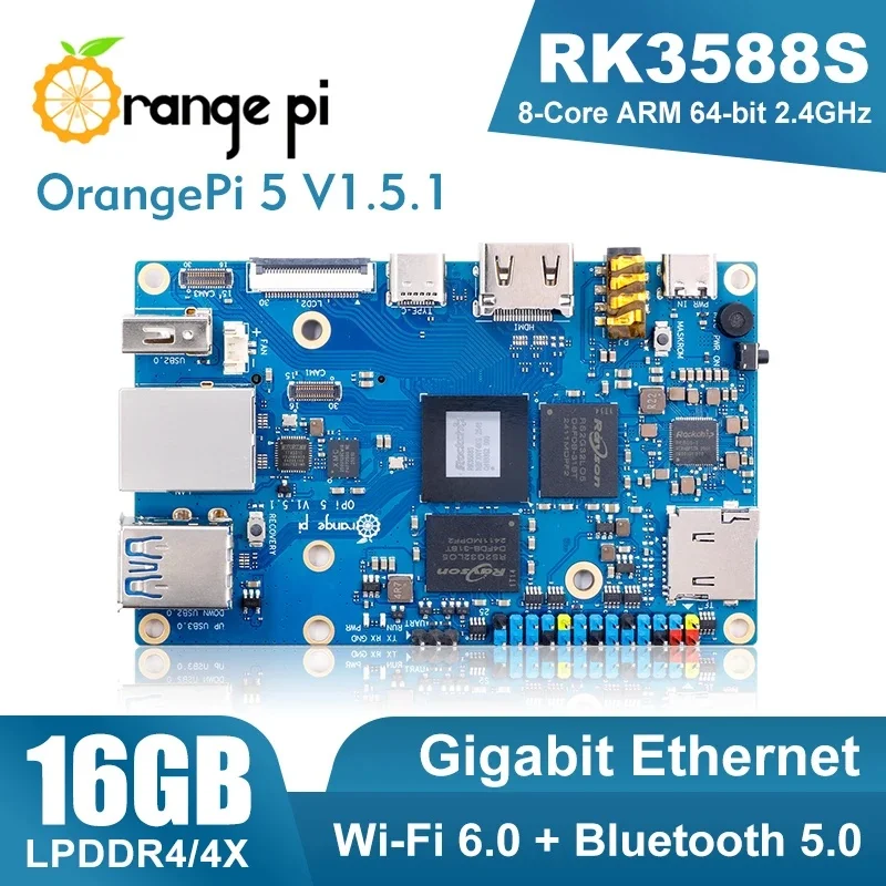 Orange Pi 5 16GB V1.5.1 Single Board Computer Rockchip RK3588S Supports AI Applications