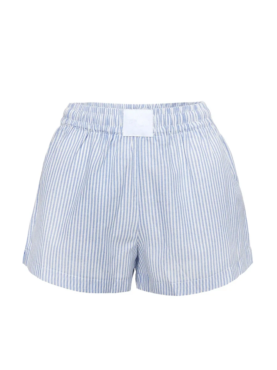 Woman Casual Striped Print Mini Shorts Summer Pleated Elastic High Waist Shorts Trendy Basic Shorts Streetwear