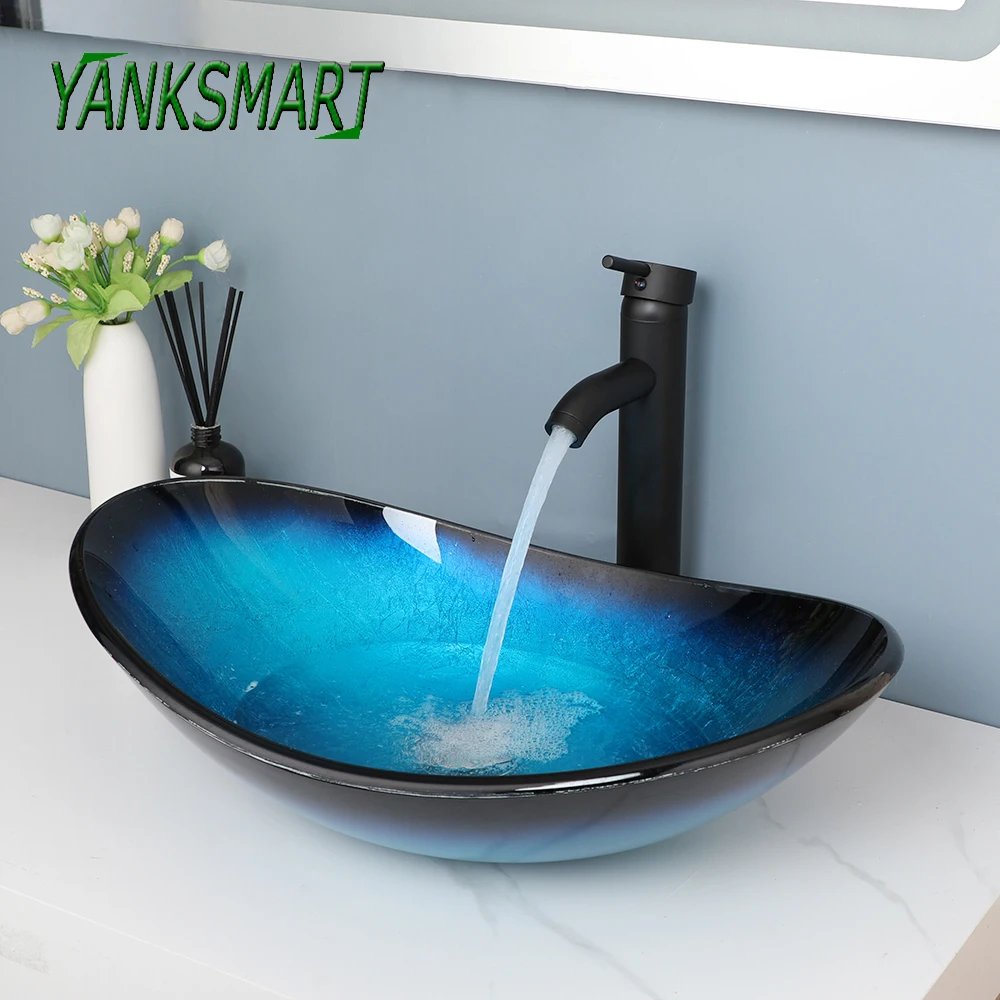 YANKSMART Set lavabo da bagno in vetro temperato ovale blu Lavabo da appoggio Rubinetto per lavabo nero opaco con scarico pop-up
