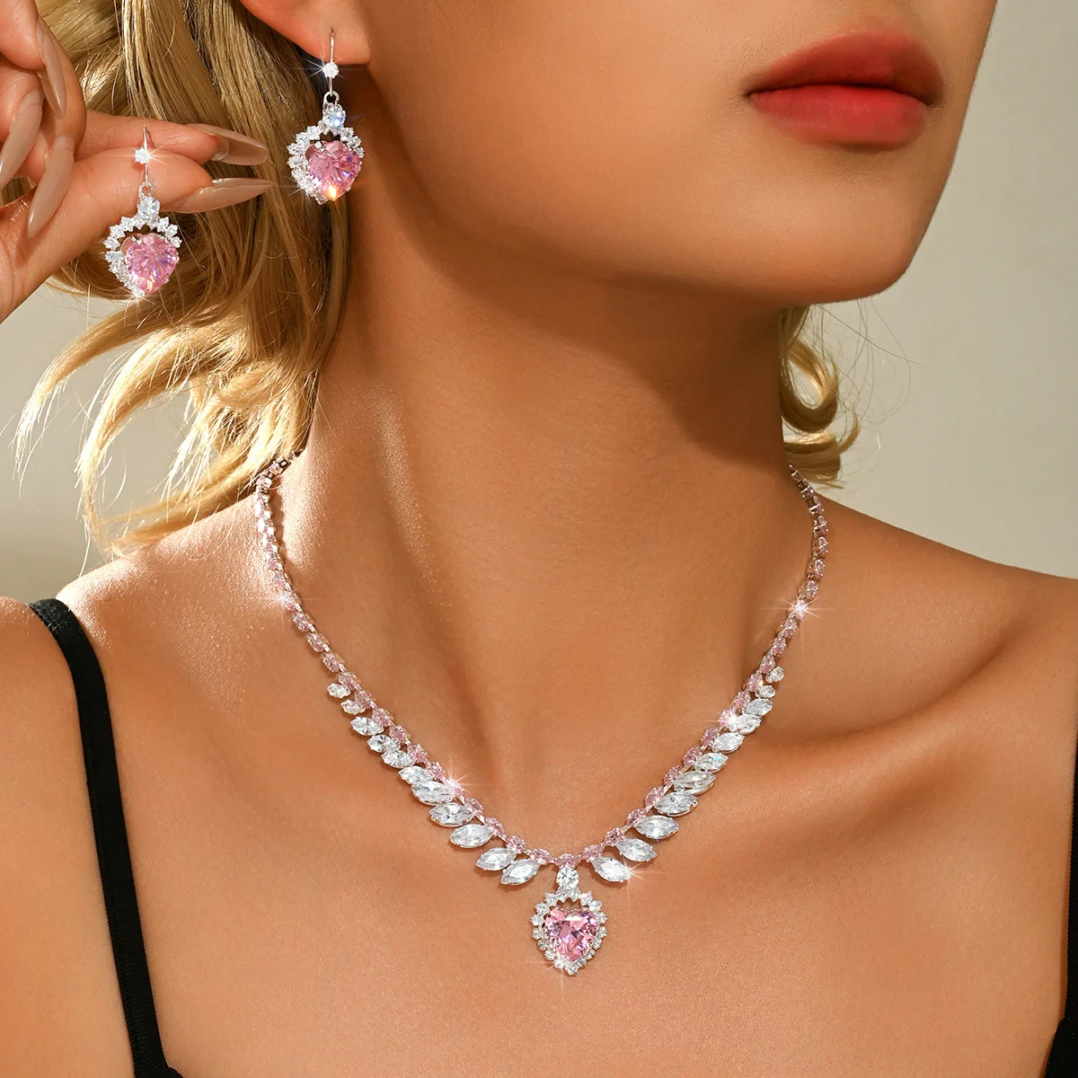 New Sweet Heart Cubic Zirconia Necklace Earrings Set for Women Birthday Scalloped Marquise Paved Delicate Luxe Dainty Party Gift
