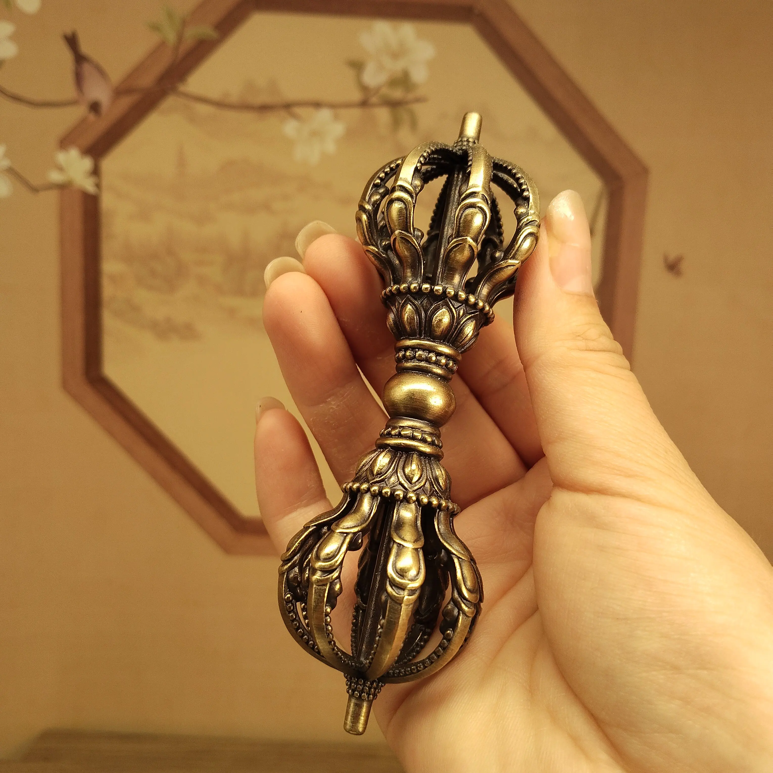 Nepal Craft Antique Brass Nine-Prong Vajra Ritual with Lotus Base Home Altar Blessing