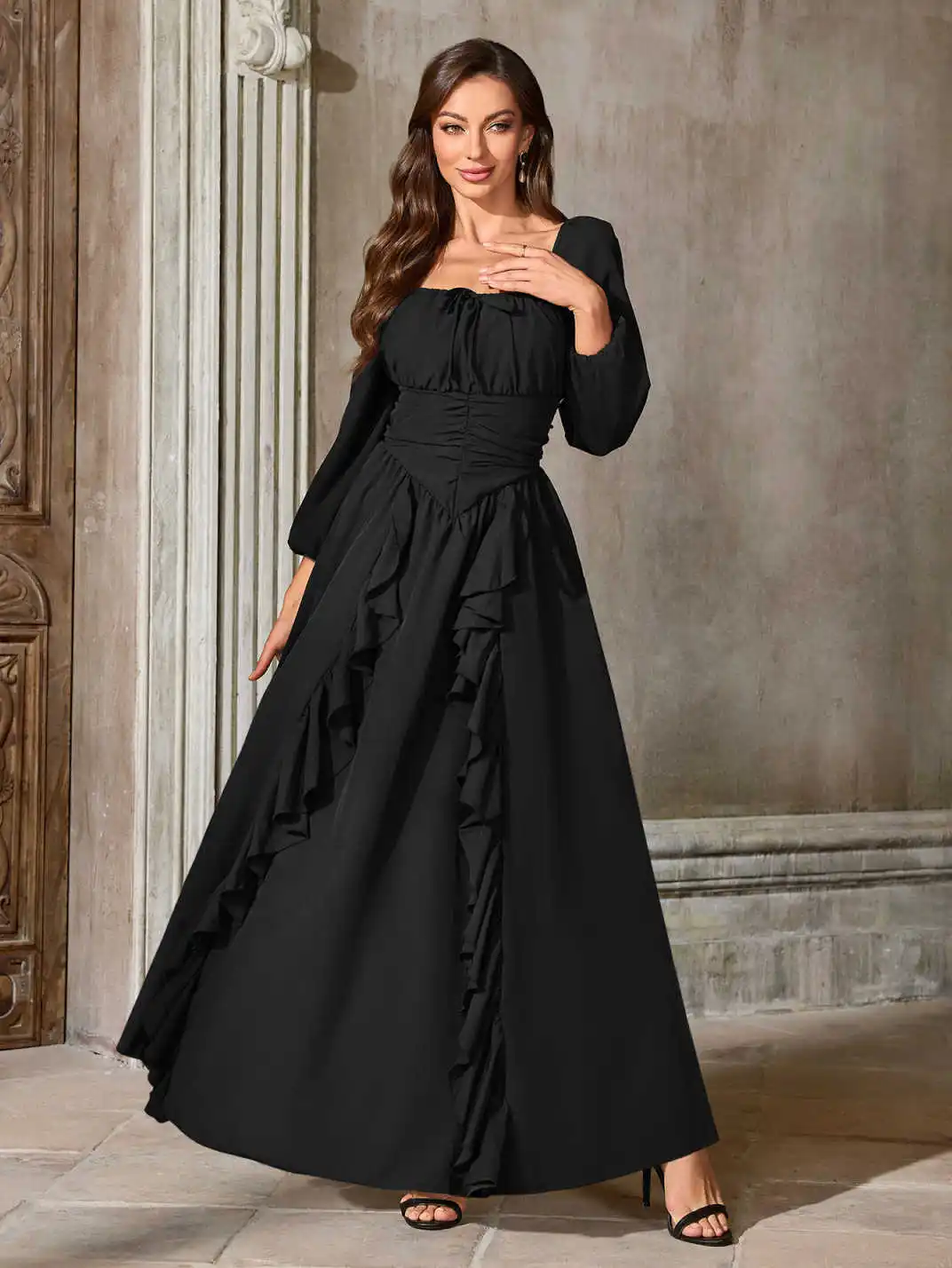 Renaissance Mittelalterkleid Damen Ren Faire Kleid, quadratischer Ausschnitt, lange Puffärmel, gesmoktes Oberteil, Rüschendetails