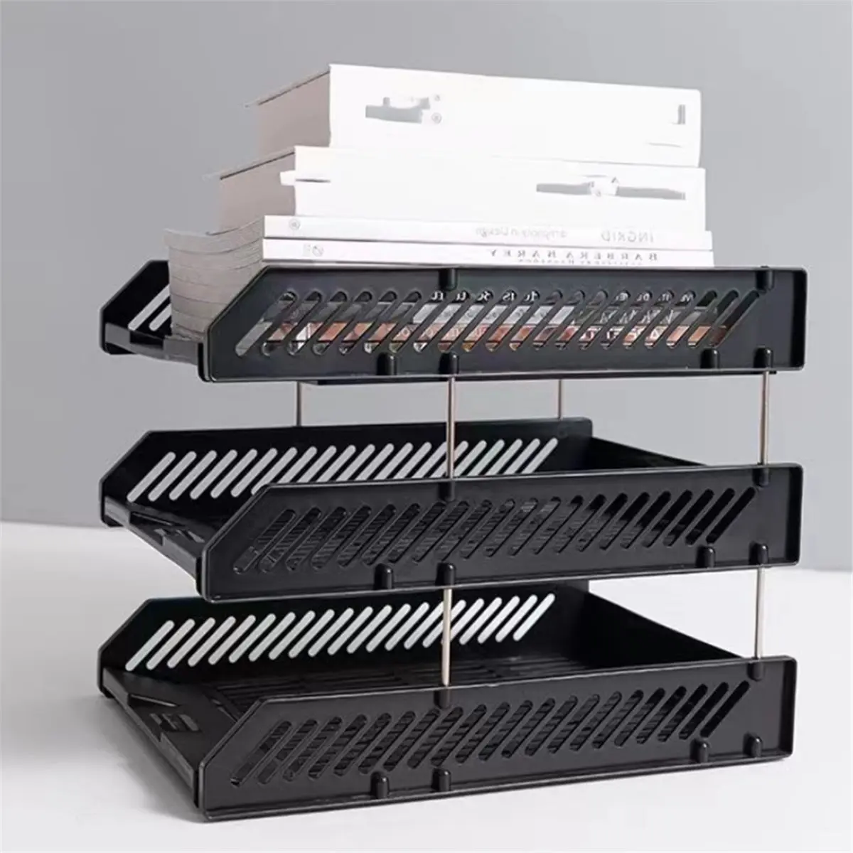 Desk Document Organizer Rack 3-Tier HIPS Plastic Magazine Holder with Metal Bracket for Home Office