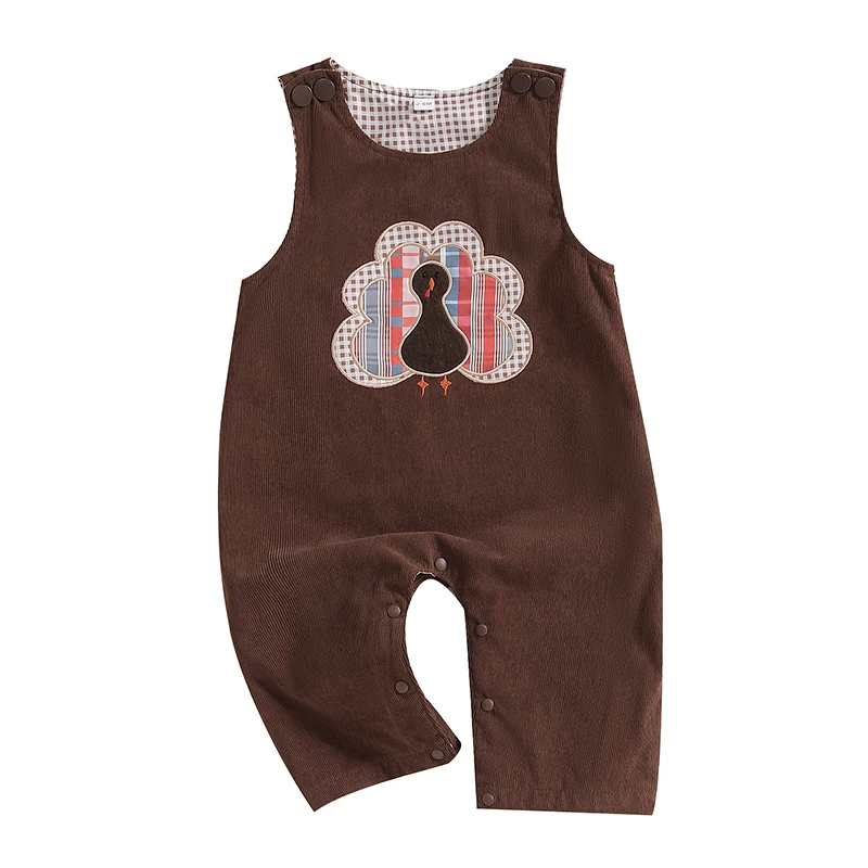 Baby Thanksgiving Overalls Romper Turkey Embroidered Plaid Sleeveless Round Neck Adorable Jumpsuit