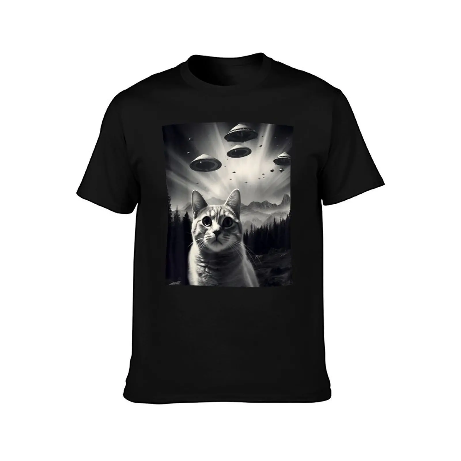Funny Cat Selfie with UFOs T-Shirt Novelty Graphic Tee Shirt T-Shirt