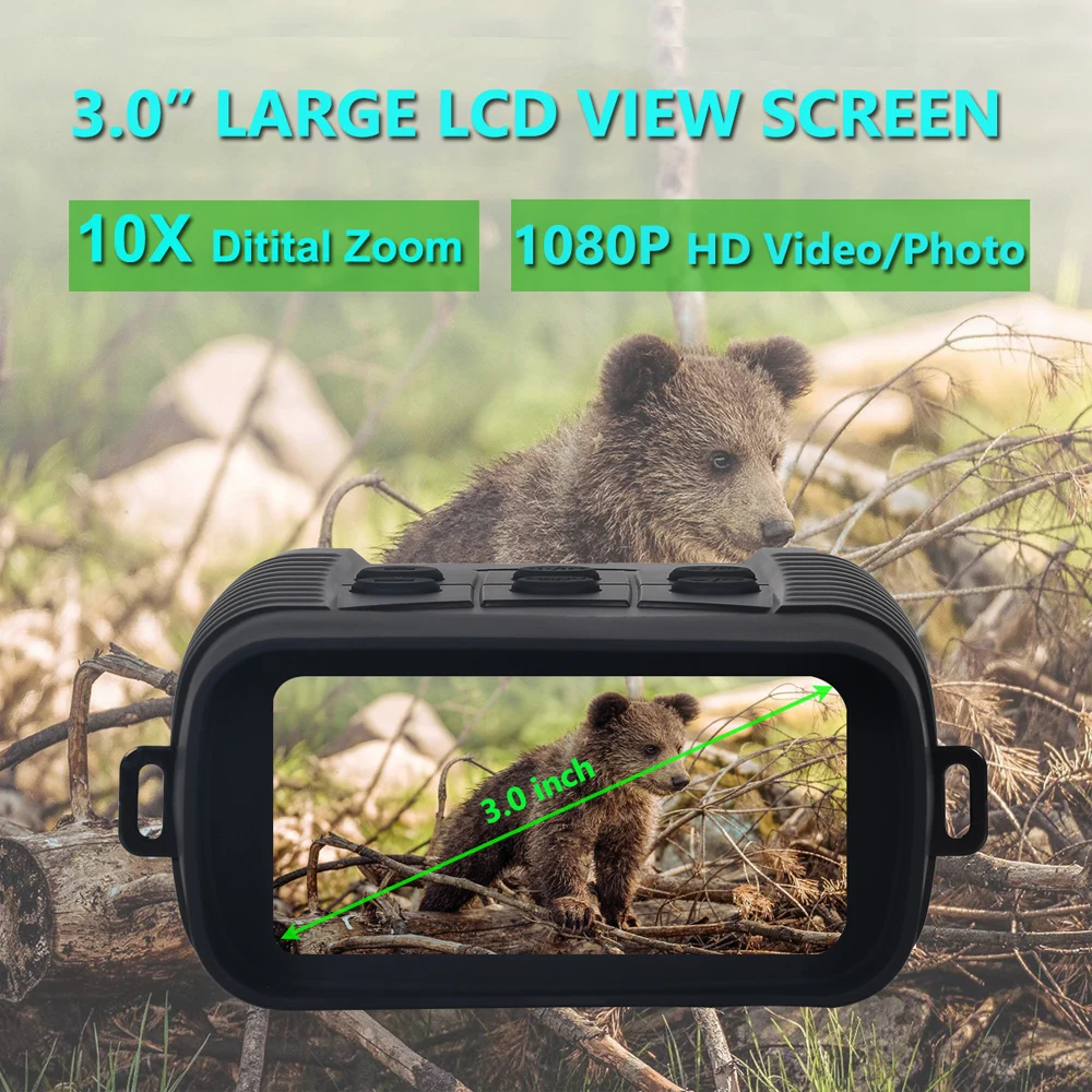 1080P Night Vision Goggles 10X Digital Zoom 3 Inch HD Display Rechargeable Night Vision Binoculars for Adults Wildlife Observation Camping Security Monitoring Outdoor Hunting