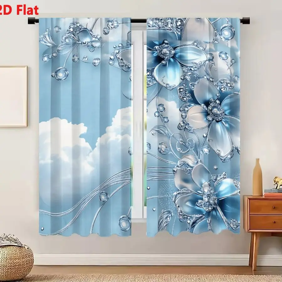 2Pcs Curtains 2D Flat Whimsical Dreamy Ethereal Floral Art Light Blue Sky Background Translucent Silver Glass-Like Flowers Spark