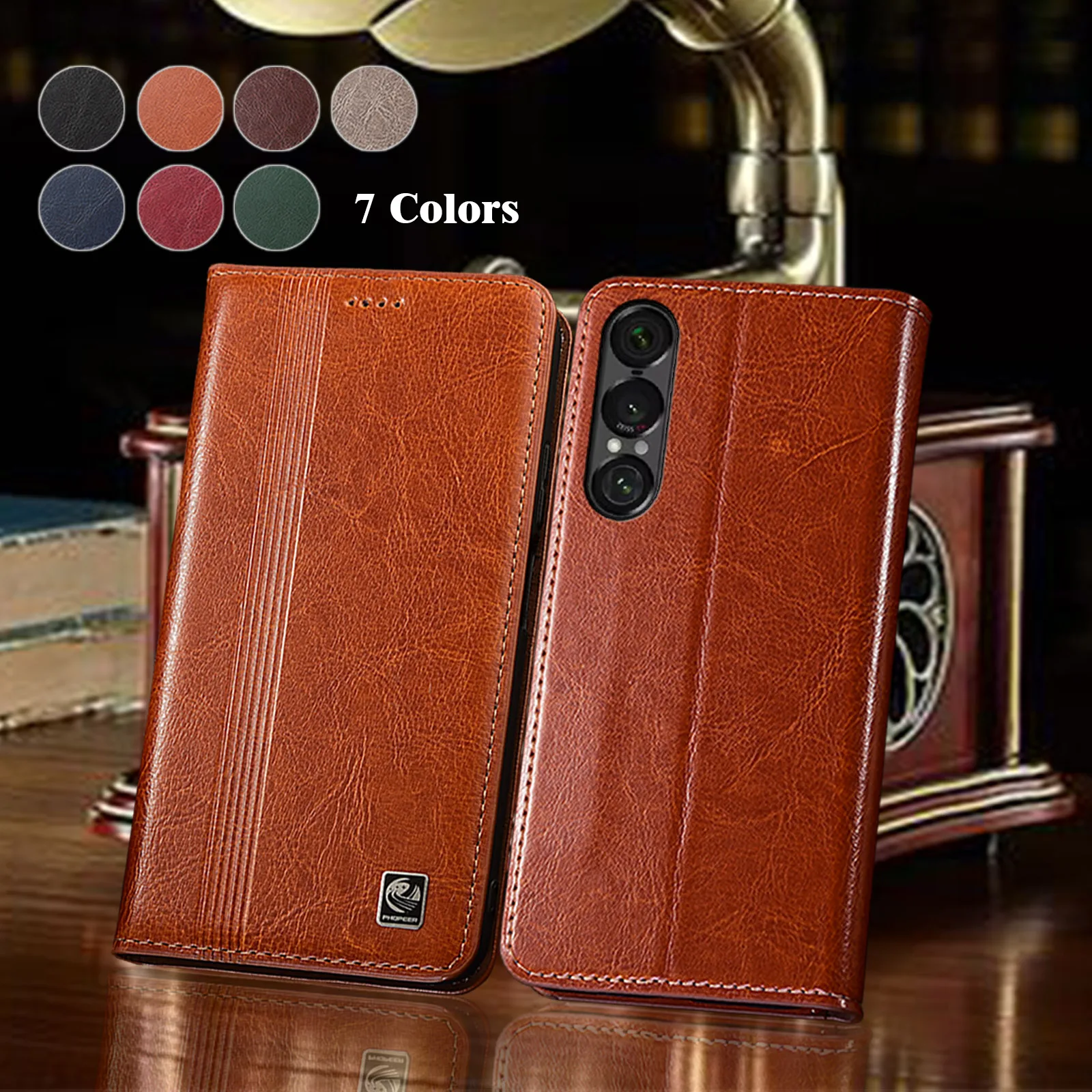 

For Sony Xperia 1 5 10 II III IV V VI VII Crazy Horse Vertical Line Pattern Of Genuine Leather Flip Phone Case Cowhide Non-Slip