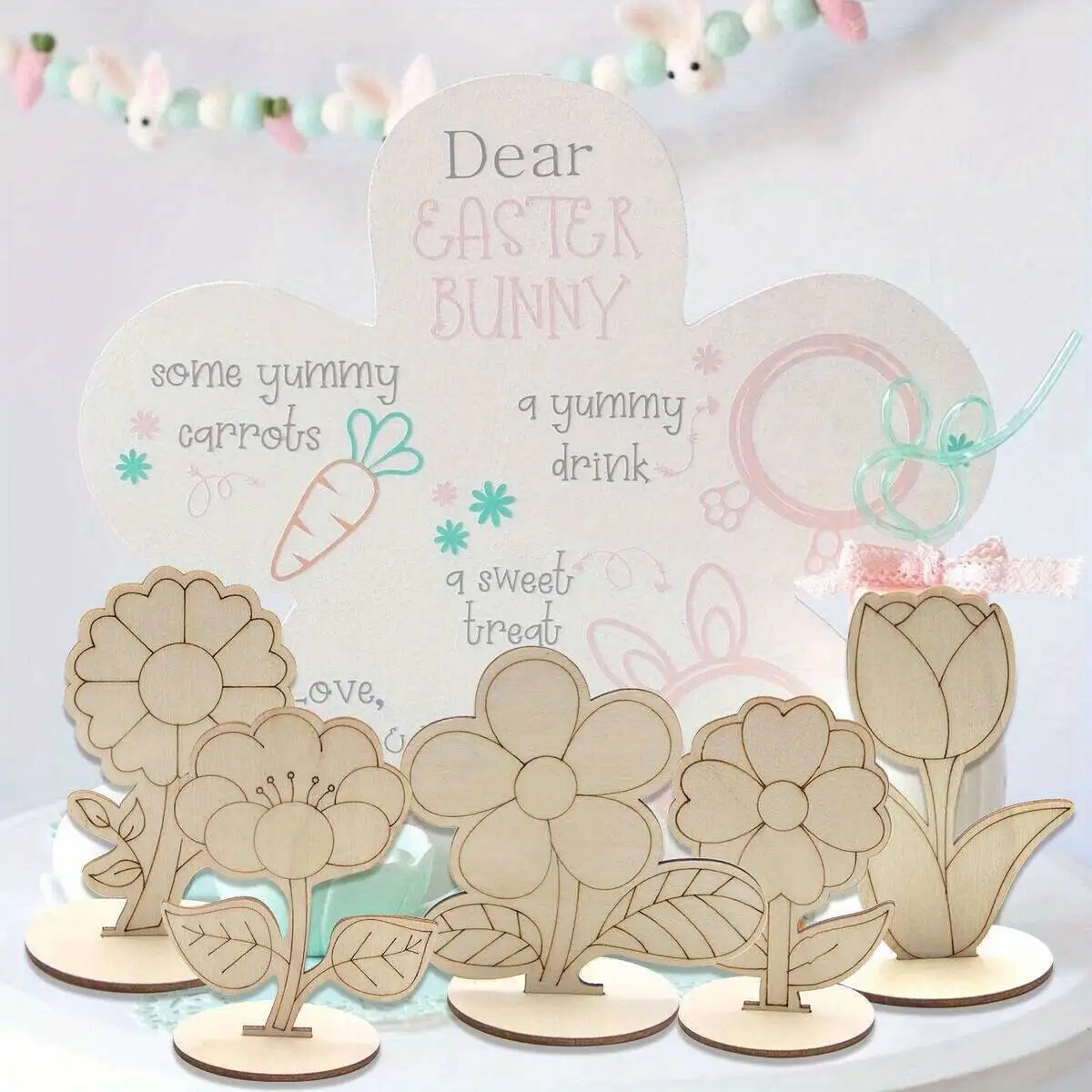 6Pcs/Set Rose/Lily/Sunflower Wooden Ornament Wood DIY Painting Crafts For Spring Happy Easter Party Table Decoration Supply