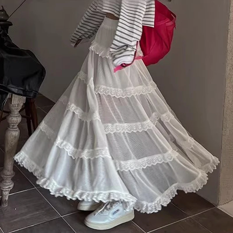 Chic High Waist Lace Splice See-tough Netting f-length Long Skirt Women's Sweet Sle A-line Pure Color Summer New Arrival