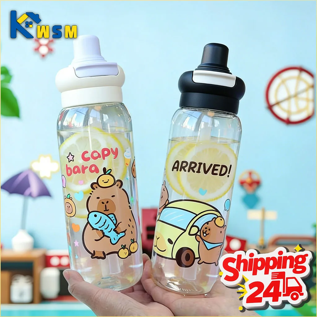 Botella de agua deportiva portátil de gran capacidad con diseño de capibara, vaso de plástico con pajita, reutilizable para viajes al aire libre, 1/3/5 unidades