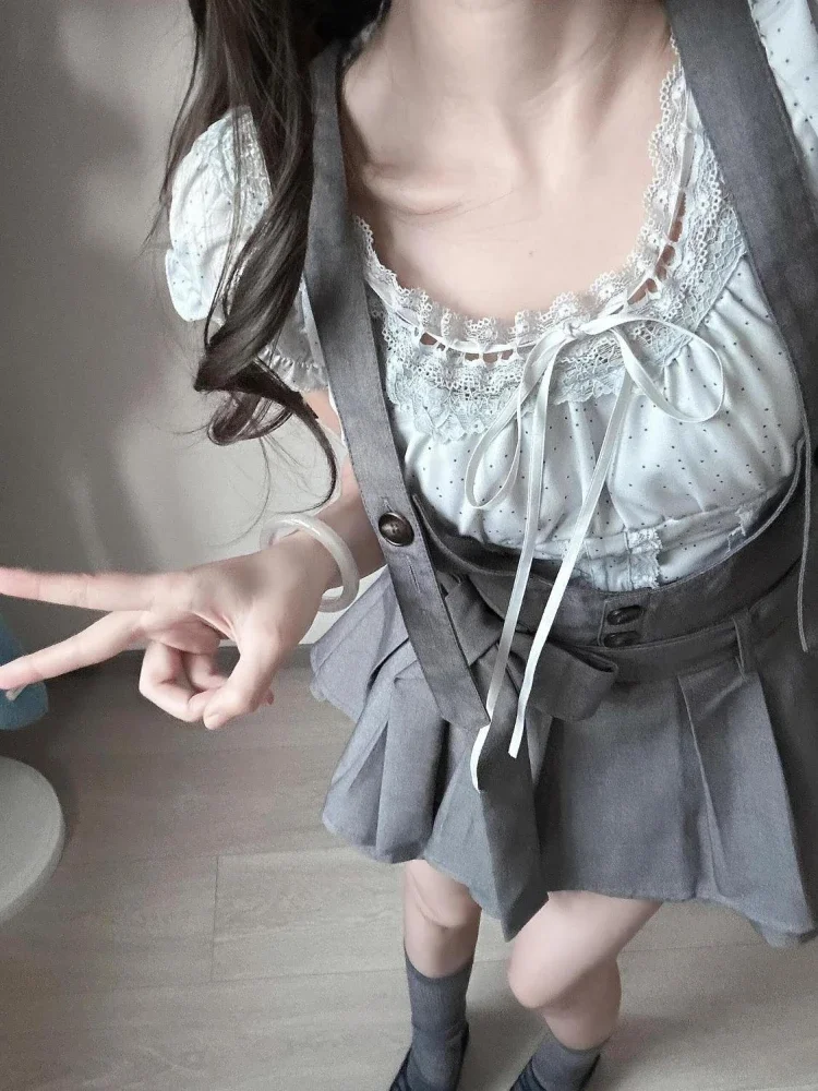 IMU French Vintage Sexy Sweet 2 Piece Sets Women Y2k Bandage Design Harajuku Mini Dress Suits Female Chic Korean Popular Clothes