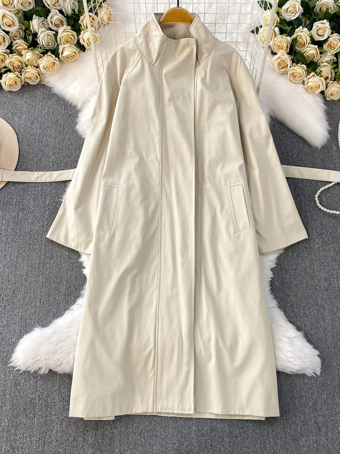 Ele Long Sve Stand Collar Dr Women's Mid-Length A-Line Windbreaker Waist-Cinched Single Button Autumn Faion