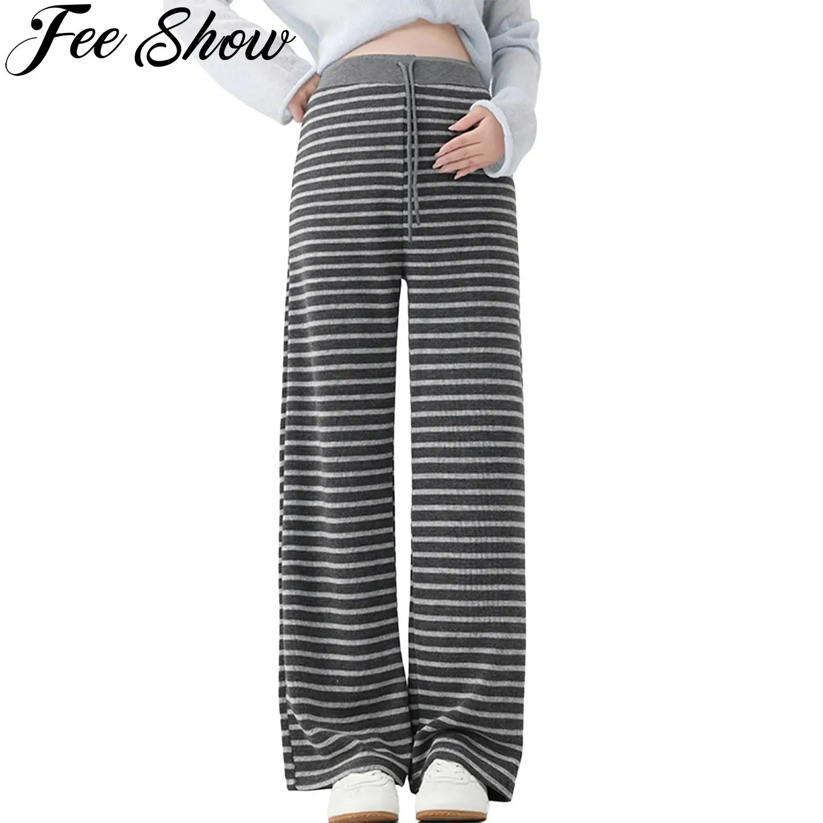 

Pregnant Women Striped Yoga Pants Drawstring Elastic Waistband Wide-Leg Maternity Pants Sweatpants Loungewear Workout Running