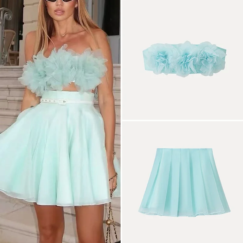 

Floral ter Ne Skirt Set Women's Faion Versatile Summer 2025 Polyester Fiber ort Sve round Ne Overhead